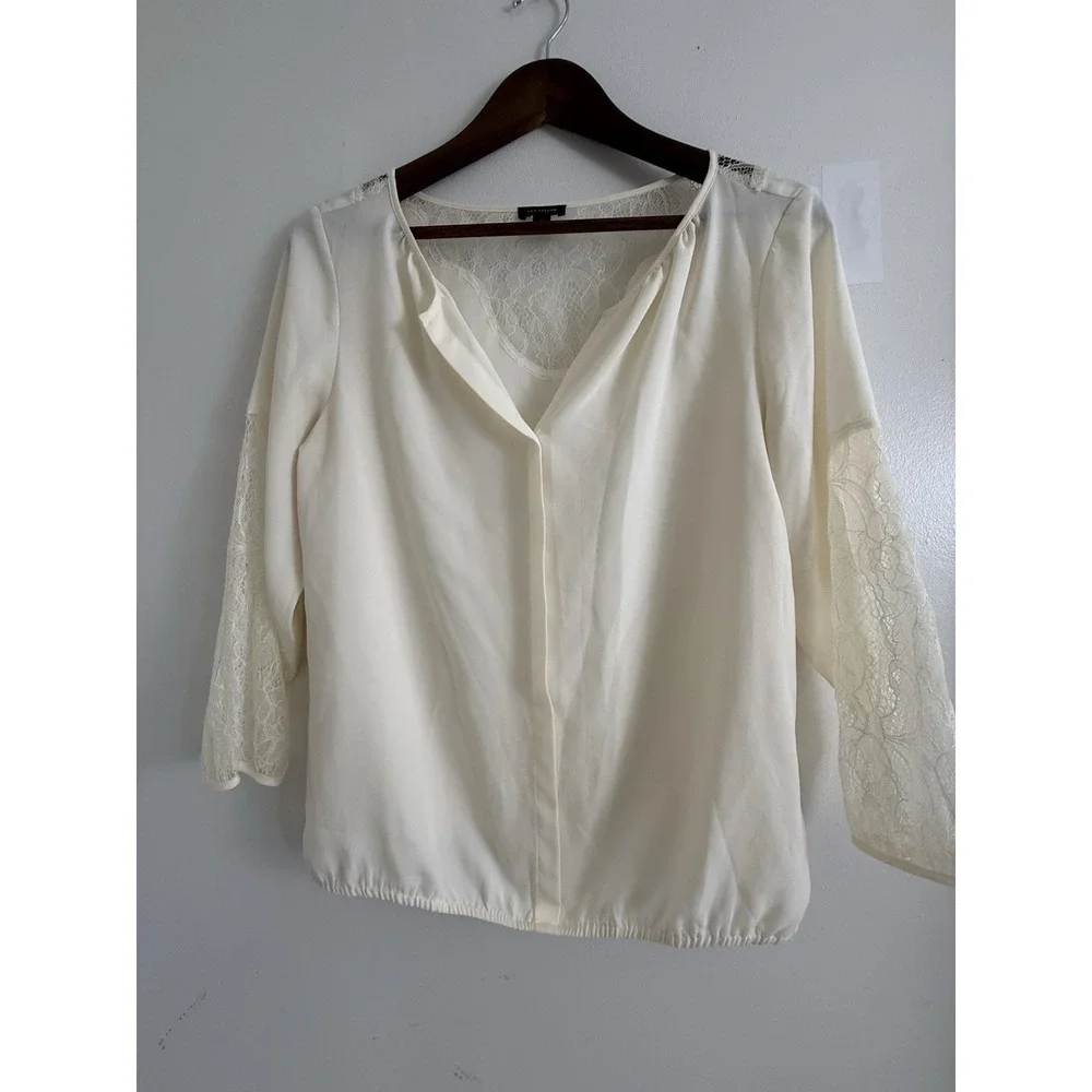 Ann Taylor Blouse Womens S Ivory Lace Sleeve V Neck Sheer Back Dressy Top